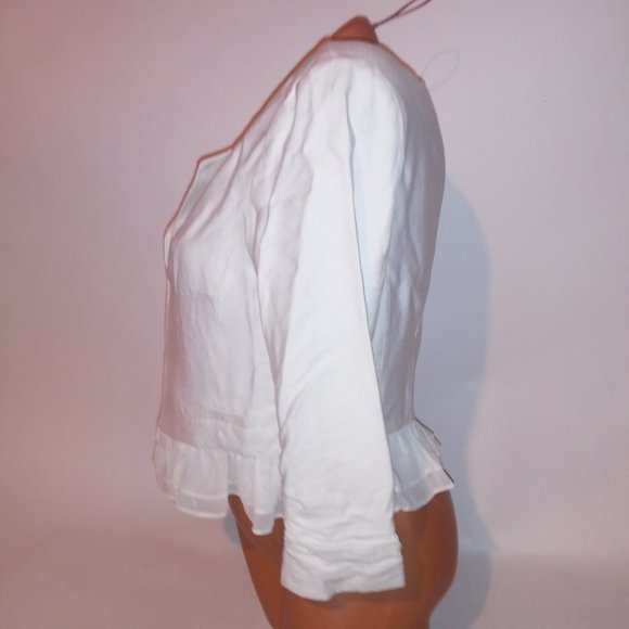 Elle Blouse Blazer‎ Medium Ivory Ruffle Trim Hook & Eye Front Closure Solid - Picture 8 of 12
